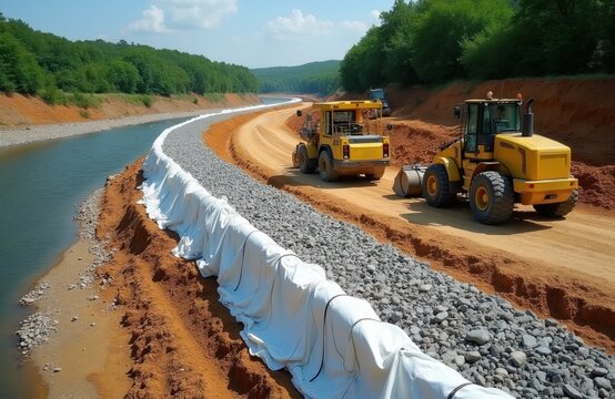 Yellow excavators work on river bank. Heavy machines build new channel with geosynthetic materials. Waterway engineering project with machinery on construction site.