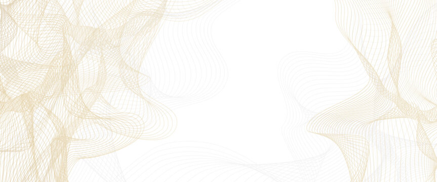 Abstract gold line background with flowing wave mesh, soft gray curves and open copy space. Luxury gold background, elegant wave design, vector illustration.