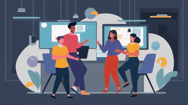 animated cartoon group of diverse people in modern office space