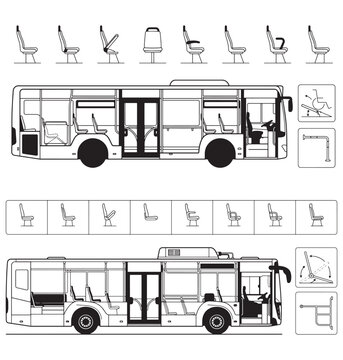 Public Transit Bus Diagram With Seat Layout, Accessibility Icons and Side Elevation Views