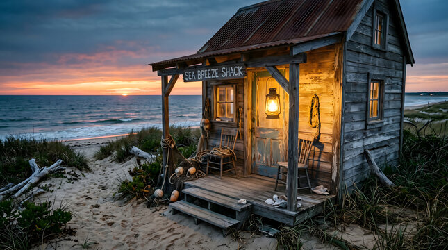 Rustic beach shack at sunset with ocean view