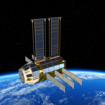 Artist depiction of an orbital data center concept consisting of a large satellite with a cluster of GPUs powered by a pair of large solar arrays and a system of radiators providing thermal management