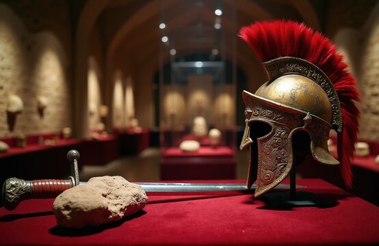Ancient Roman legionary helmet and gladius sword display. Artifacts sit on red velvet in museum hall. Historic armor exhibits in gallery, relic from warrior past.
