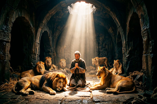 Biblical scene of Daniel in the lions' den praying under a beam of light in a dark cave
