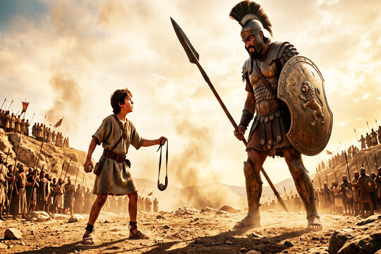 Biblical scene of young David with a sling facing the giant warrior Goliath in armor