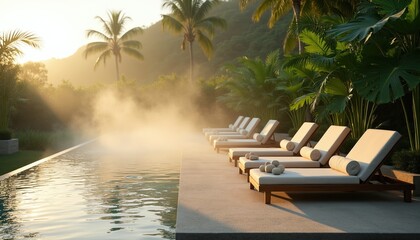 Fototapeta premium Outdoor pool area with lounge chairs and tropical plants. Misty morning sun creates serene atmosphere. Luxury resort relaxation setting. Peaceful spa vacation vibes.