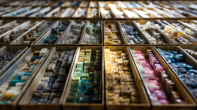 Overhead view of long rows of drilled core samples in trays across a geology lab table showing varied mineral colors and rich textures