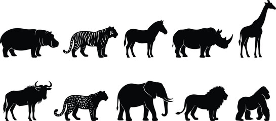 African safari and wild animal silhouettes set with elephant lion giraffe tiger rhinoceros zebra hippopotamus and gorilla icons isolated on white background © IconicCreations