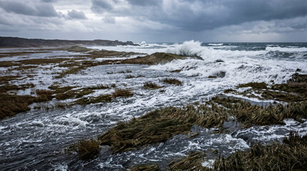 Fototapeta premium Coastal Marshland Completely Overwhelmed By Massive Tidal Overflow Crashing Waves During Powerful Sea Storm Event