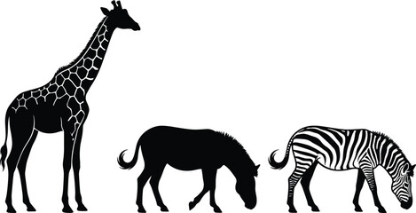African safari animal silhouettes set with patterned giraffe and grazing zebras vector illustrations isolated on white background © IconicCreations