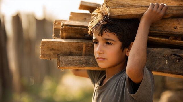 Young boy carrying heavy wooden planks on shoulder in poor outdoor setting, poverty and vulnerable childhood awareness, child labor prevention, social inequality, humanitarian docu
