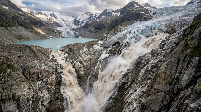 Extreme glacial lake burst with melting glacier causing alpine water to overflow very violently downstream