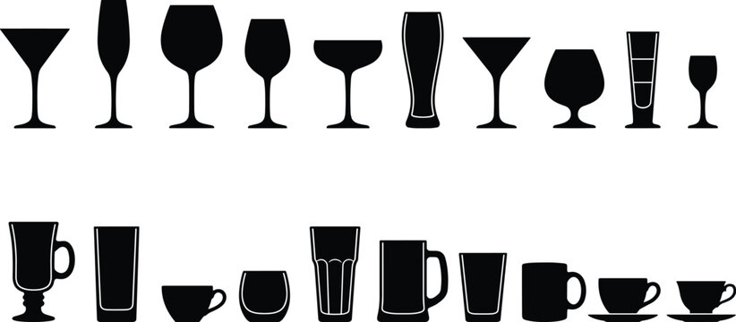 Bar glassware and coffee cup silhouette collection set with wine goblet cocktail martini glass beer mug and teacup shapes