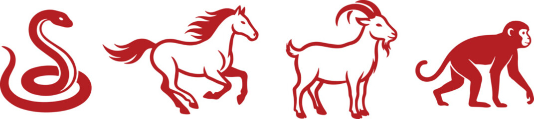 Chinese zodiac animal icons set with red snake running horse standing goat and monkey signs for lunar new year design © IconicCreations