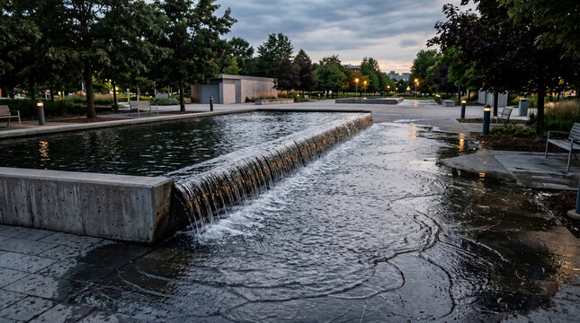 Public park plaza featuring generic concrete reflecting pool spillover creating a beautiful urban water display