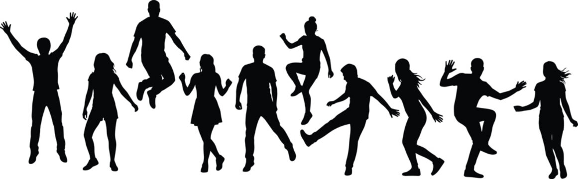 Group of happy people jumping and dancing silhouette set with active young men and women cheering at a party or music festival
