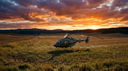 Dramatic Helicopter Emergency Landing At Sunset Over Wide Rural Field Under Bright Orange Sky Backdrop © Sekai