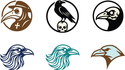 Obraz premium Raven and plague doctor vector logo emblems set with gothic crow profile skull and mystic bird illustrations