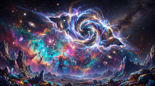 Magnificent temporal rift hovering over colorful alien nebula creating surreal cosmic space fiction background scene