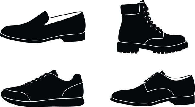 Men shoes silhouette vector collection set with classic dress shoe casual sneaker leather loafer and winter boot