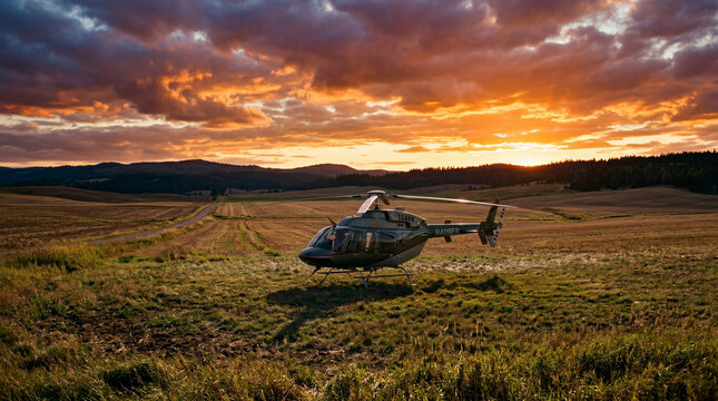 Dramatic Helicopter Emergency Landing At Sunset Over Wide Rural Field Under Bright Orange Sky Backdrop