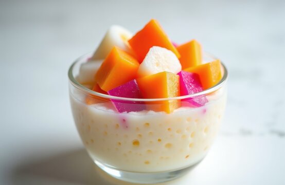 Colorful Bubur Cha Cha dessert in glass bowl. Sweet tapioca pearl pudding with taro, yam, jackfruit, and banana chunks. Creamy coconut milk base, vibrant tropical treat.