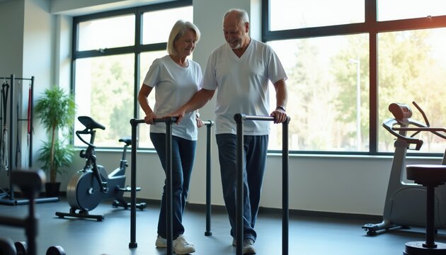 Elderly couple walks using parallel bars in gym. Seniors do rehab exercise for mobility. Man and woman train balance, improve body strength. Fitness for old people.