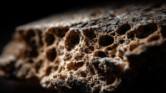 Macro view of weathered sandstone with a honeycomb pattern of natural pores and crumbling grain against a dark shadowed backdrop