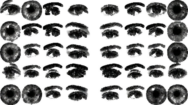 Grayscale halftone dot pattern of abstract human eyes and arched eyebrows, graphic illustration.