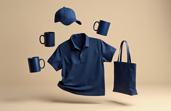 Navy blue matching merchandise set floats in air. Includes polo shirt, baseball cap, tote bag and three mugs. Perfect for branding projects.