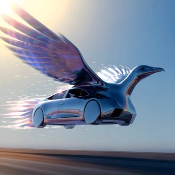 Futuristic flying car hybrid shaped like a chrome bird soaring high in the blue sky, surreal transport concept.