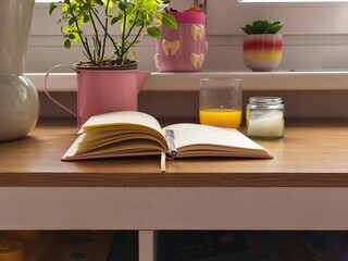 Fototapeta premium Open notebook with blank pages on wooden table beside potted plants, glass of orange juice, and candle in a cozy indoor setting