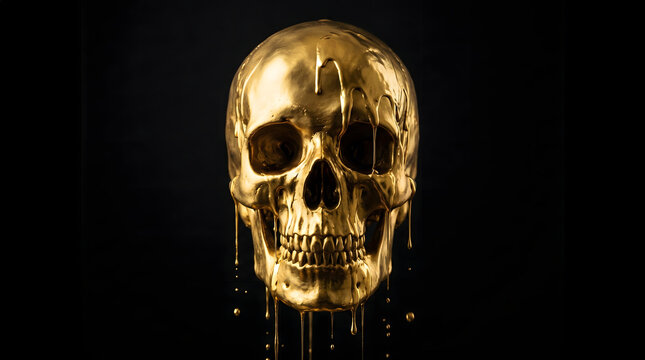 golden skull with dripping liquid black background
