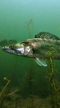 A group of pike perch, zander - Sander lucioperca - patrols through submerged vegetation, their reflective flanks catching the available light as they pass the camera.