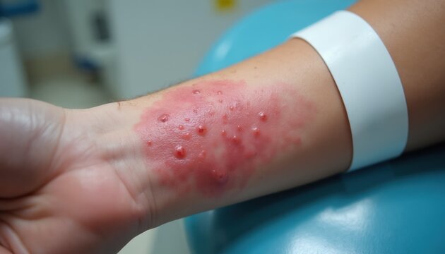 Close-up of human arm showing red rash with blisters. Skin irritation evident on wrist with white hospital band. Medical condition visible on limb.