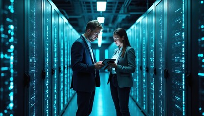 Fototapeta premium Man and woman in suits check tablet in data center server room. Technicians analyze digital information on screens. IT professionals work with computer servers, networking systems and cloud computing.