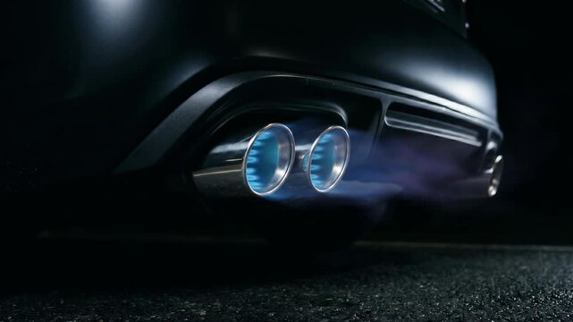 Sports Car Dual Exhaust Pipes Firing Blue Orange Flame Burst at Night