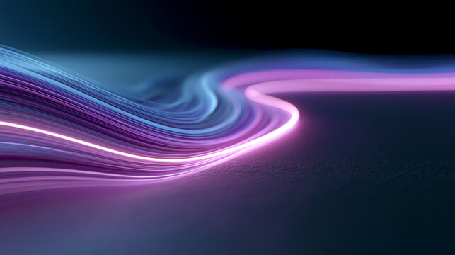 Abstract 3D background featuring flowing curved neon lines in purple and blue tones, creating a futuristic light trail effect with a soft depth of field on a textured dark surface
