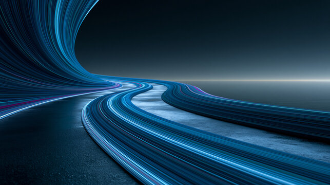 Abstract 3D background featuring flowing curved neon lines in purple and blue tones, creating a futuristic light trail effect with a soft depth of field on a textured dark surface