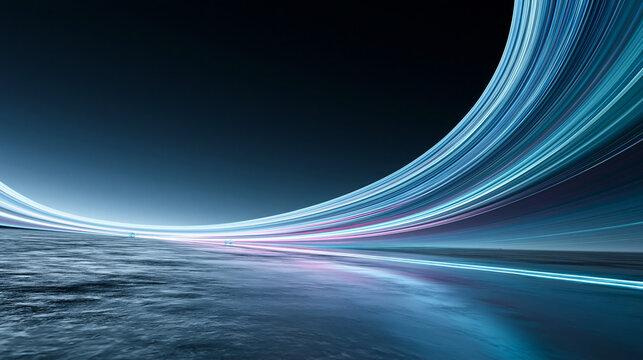 Abstract 3D background featuring flowing curved neon lines in purple and blue tones, creating a futuristic light trail effect with a soft depth of field on a textured dark surface