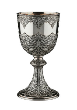 A photorealistic antique silver chalice with baroque engravings on a white background with copy space. Concept of historical prestige and wealth