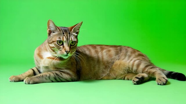 A beautiful tabby cat lying down on a vibrant green background, showcasing its striking striped coat pattern and alert expression in a professional studio setting 4k video