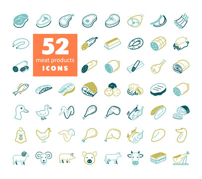 Big Meat Products Outline Vector Icon Set