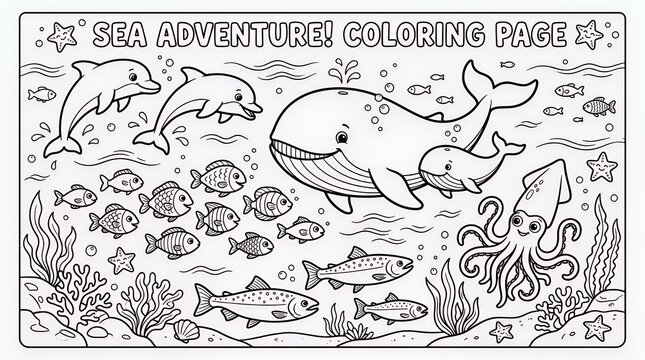 Sea adventure coloring page features various marine life like whales dolphins fish and a squid among coral and seaweed perfect for childrens creative activity