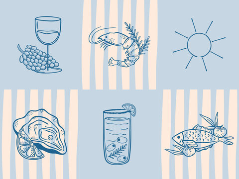 Set of different seafoods and drinks, coastal style vector art
