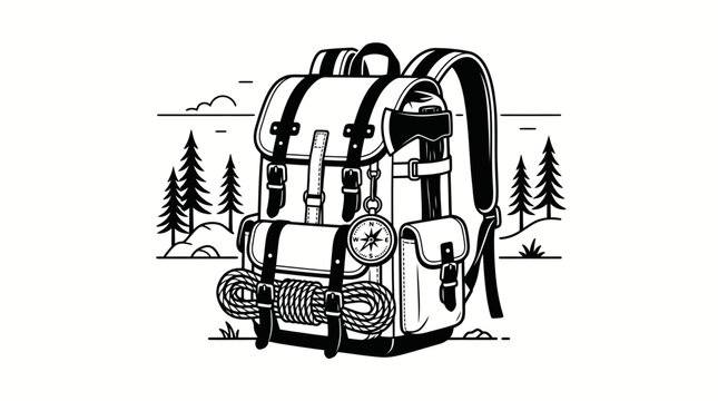 Black and white illustration of a hiking backpack.