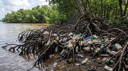 Fototapeta premium Rising tide leaves behind plastic waste layers at the scenic edge of a mangrove forest