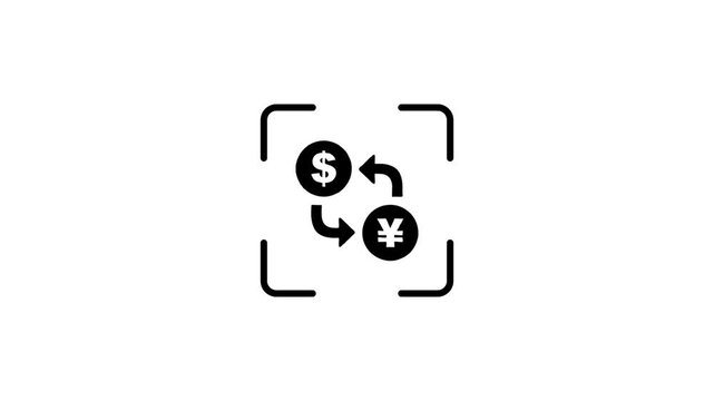 Currency exchange scan icon animation showing dollar and yen sign transfer.