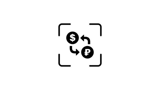 Dynamic animation of currency exchange featuring dollar and ruble symbols with a scanning effect.