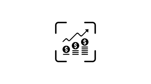 Animated financial chart icon with rising growth trend and dollar coin stacks in motion graphic style.